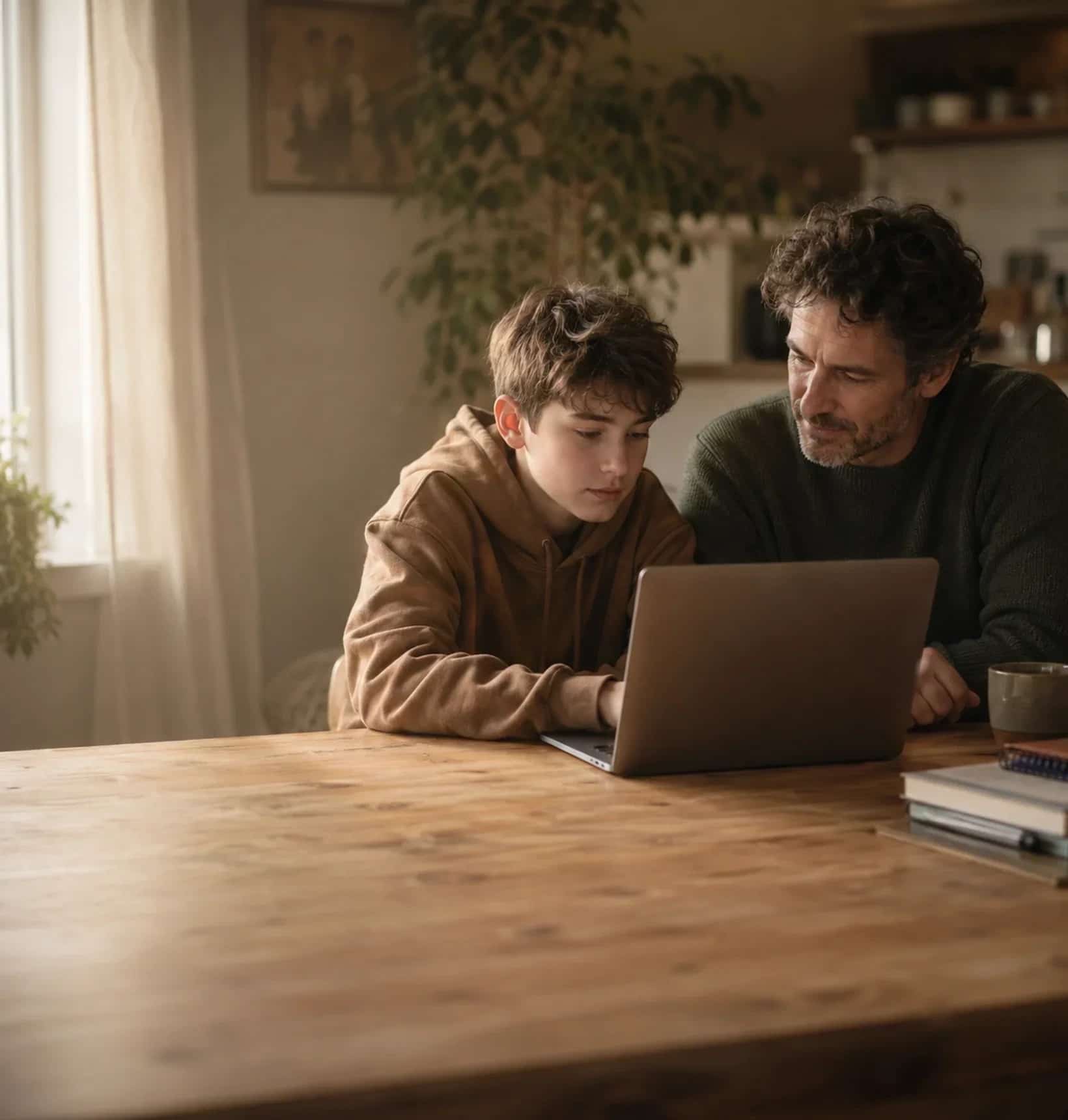 A parent and their middle-schooler sitting side by side at a warm wooden kitchen table, both leaning toward an open laptop in soft afternoon light from a nearby window.