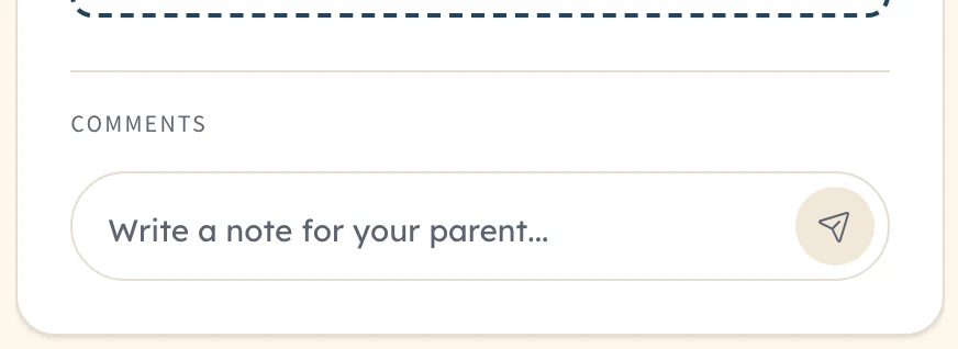 Pearsight kid-side comments thread zoomed in on a single assignment, showing iMessage-style bubbles between a child and their parent anchored to the homework item they were talking about.