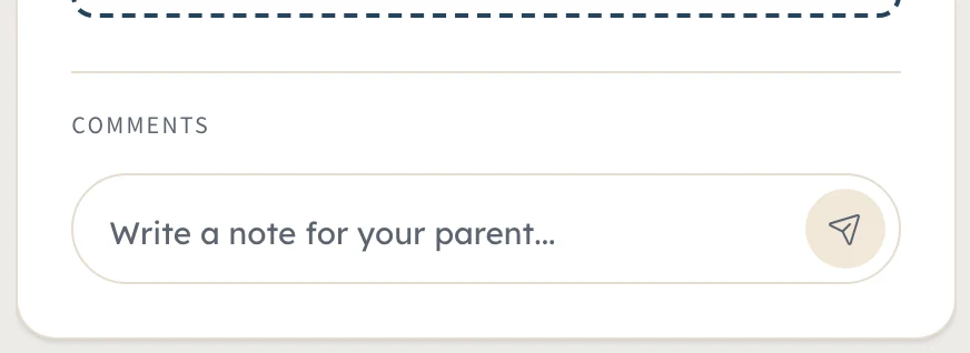 Pearsight kid-side comments thread zoomed in on a single assignment, showing iMessage-style bubbles between a child and their parent anchored to the homework item they were talking about.
