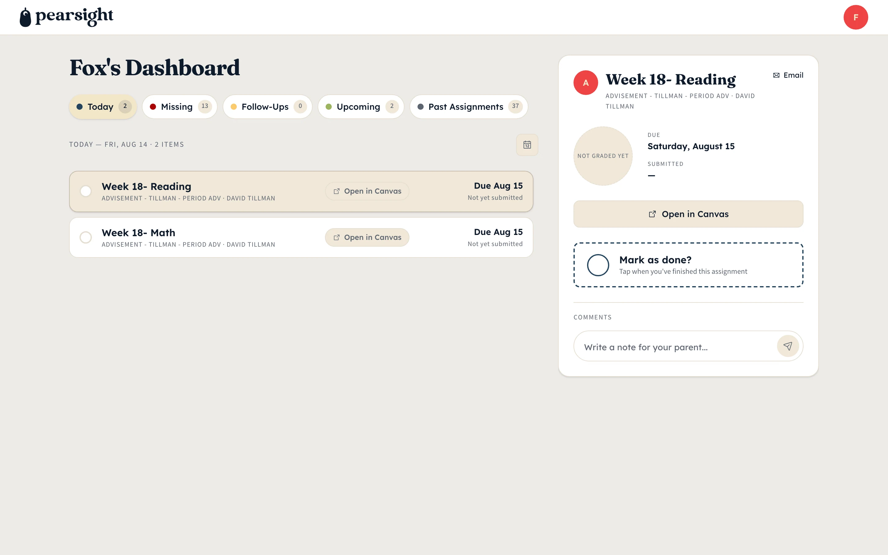 Pearsight kid dashboard split-pane view with the assignment list on the left and the action panel open on the right showing the selected assignment's details, comments thread, and mark-as-done area.