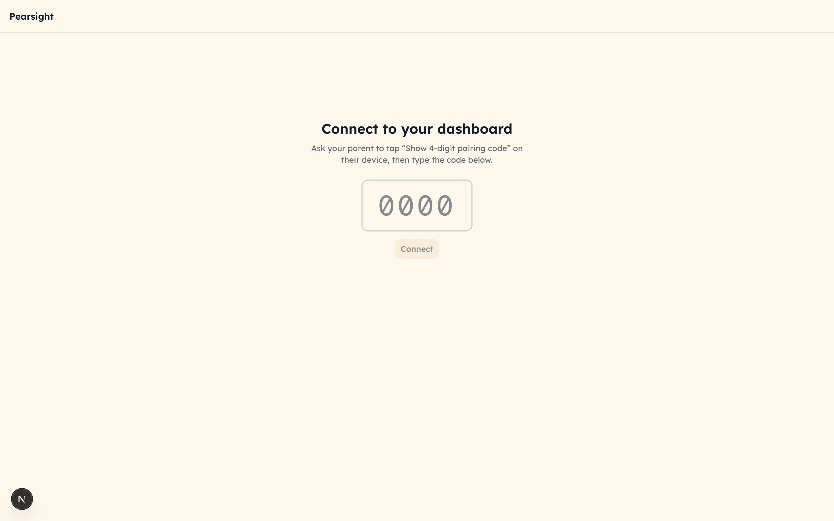 Pearsight kid-pairing screen with a four-digit numeric code entry field at the center, designed to be entered on the kid's Chromebook to link it to the parent's family account.