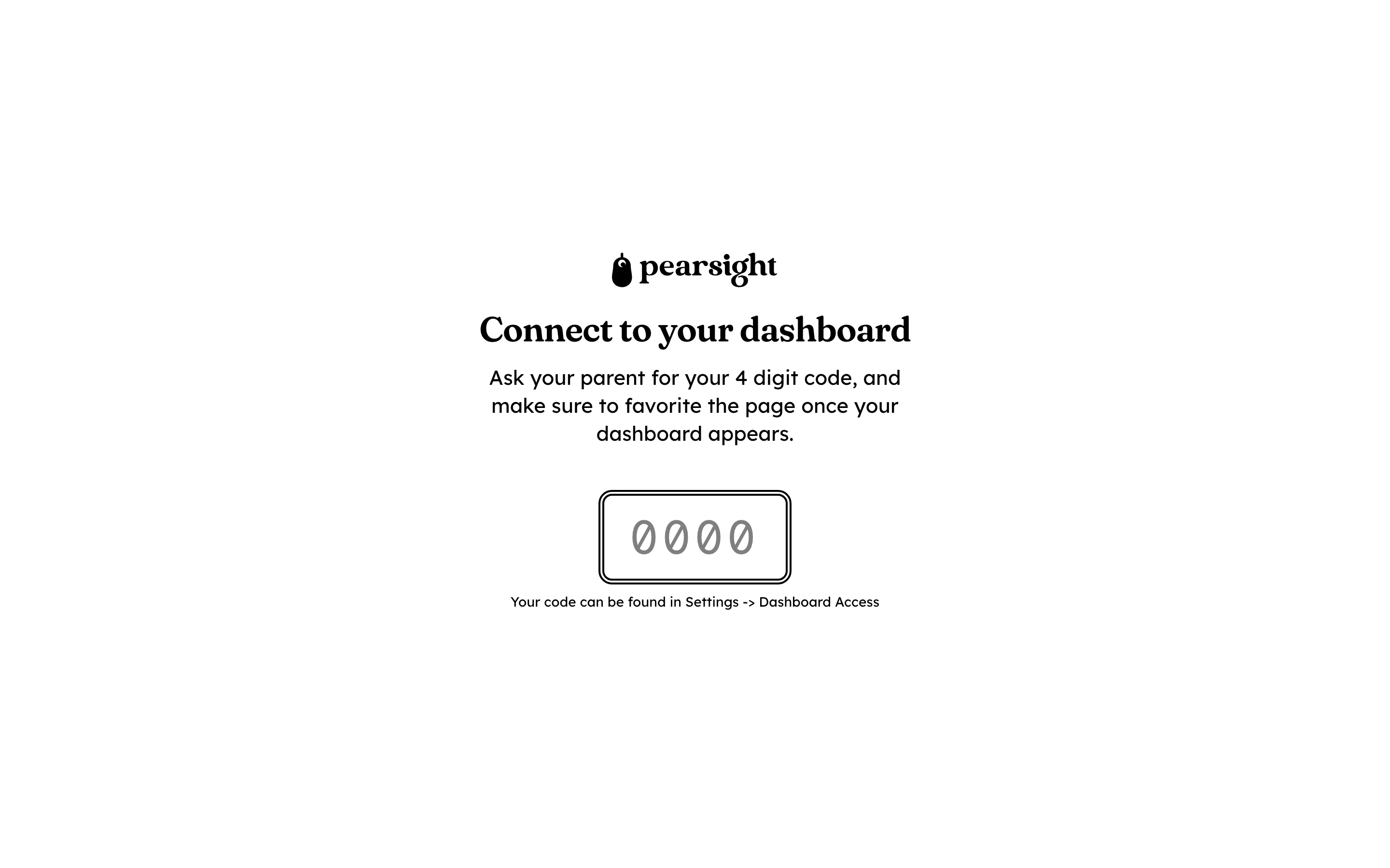 Pearsight kid-pairing screen with a four-digit numeric code entry field at the center, designed to be entered on the kid's Chromebook to link it to the parent's family account.