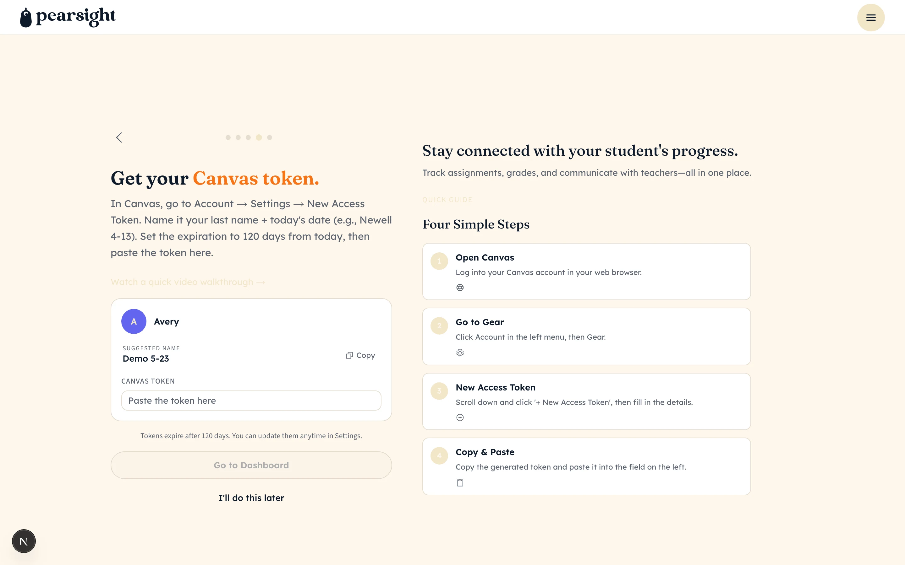 Pearsight onboarding Canvas token paste screen showing per-kid token input fields, a stepper at step four of five, and a 'How to find your token' quick-guide panel on the right.