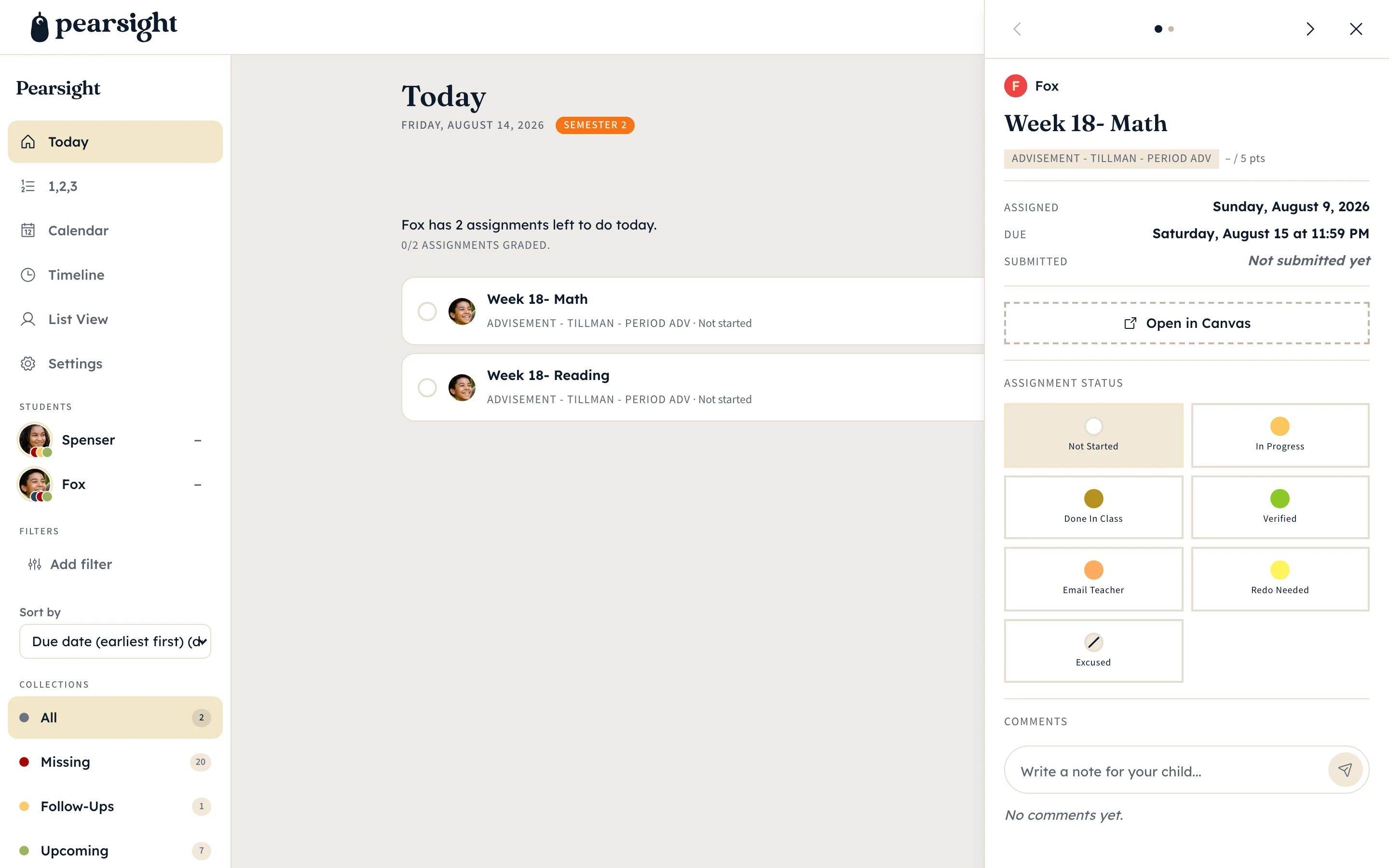 Pearsight Action Screen open on a single assignment with the six status buttons (Not started, In progress, Done in class, Verified, Email teacher, Redo) visible on the right panel.