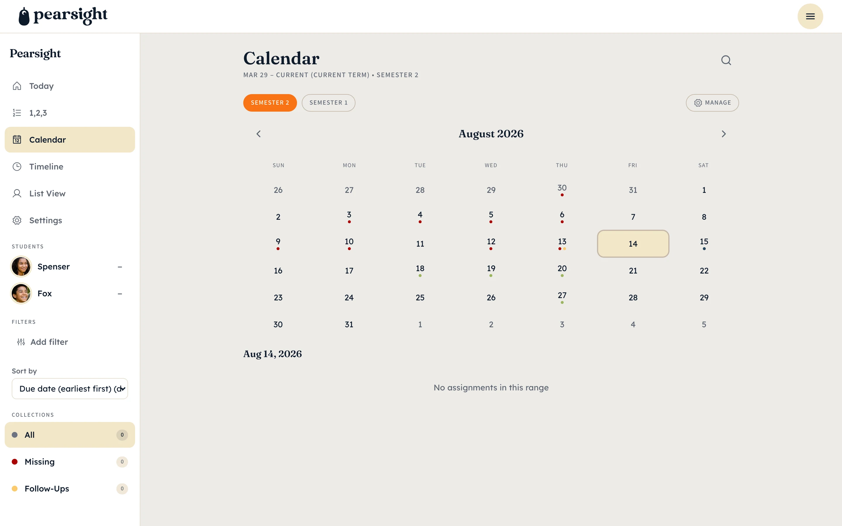 Pearsight calendar view showing a month grid with colored status dots on assignment due dates and a selected-day detail list below.