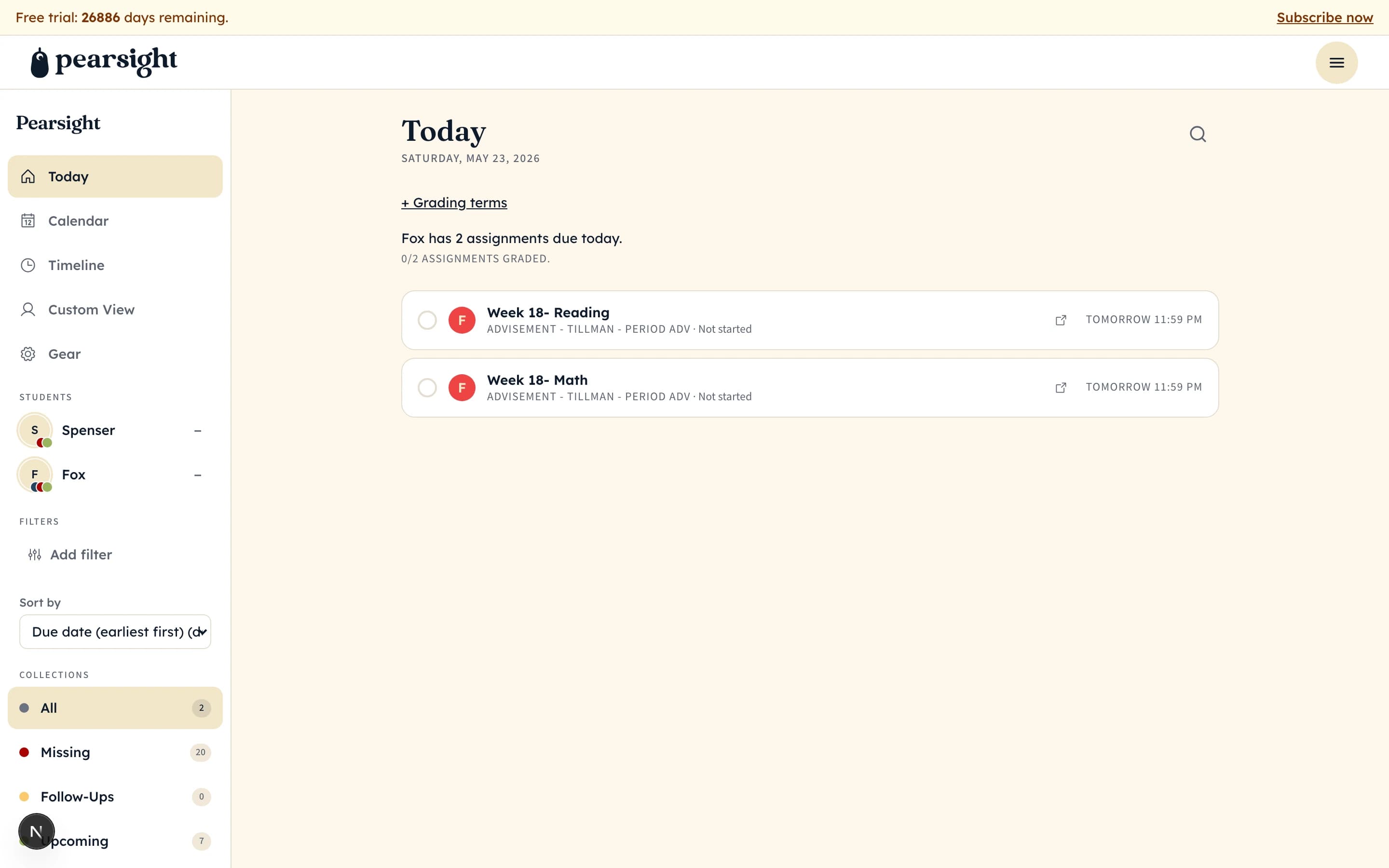 Pearsight parent dashboard showing the Today collection with two kids' assignments due today, status pills visible on each row and the sidebar showing collection counts.