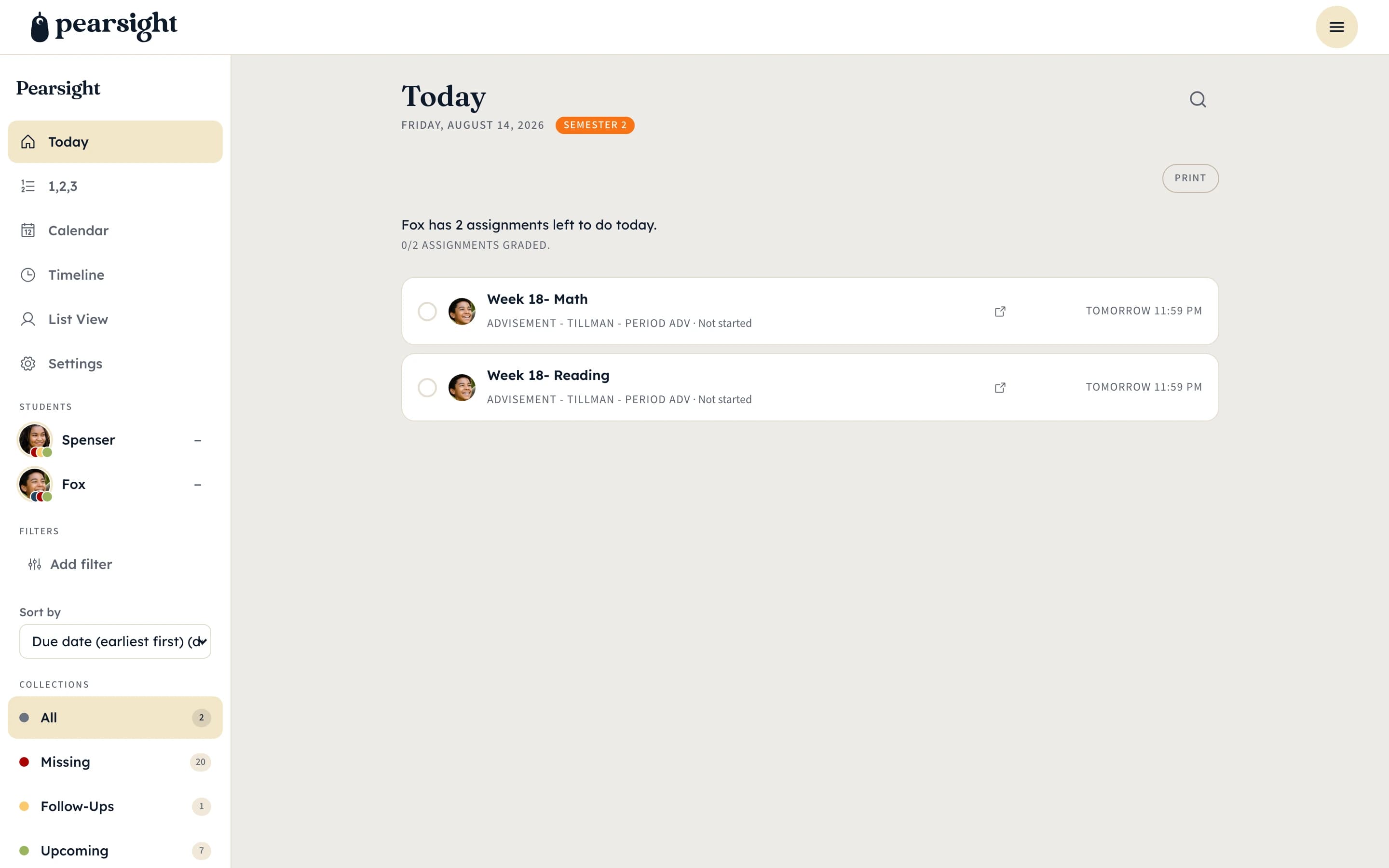 Pearsight parent dashboard showing the Today collection with two kids' assignments due today, status pills visible on each row and the sidebar showing collection counts.